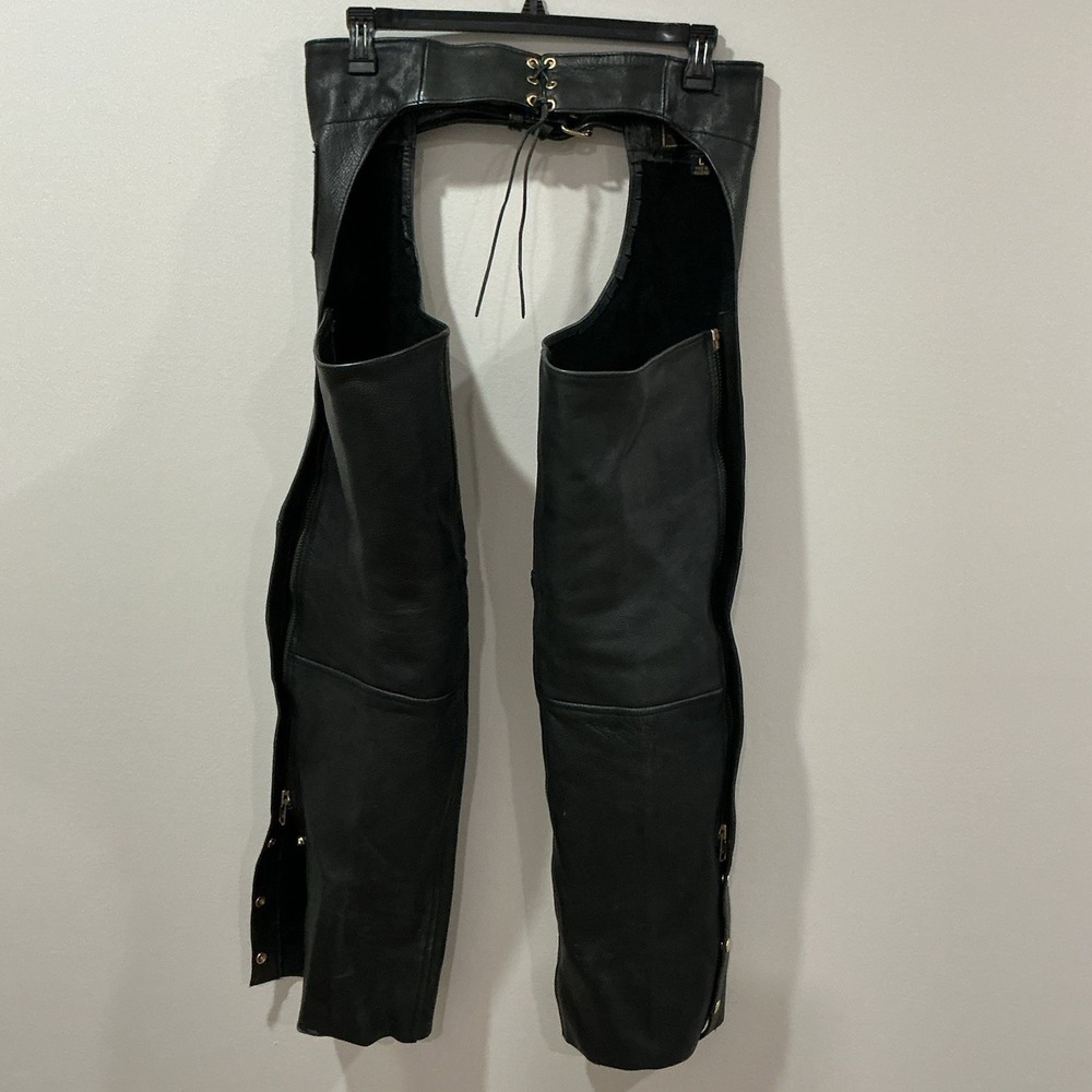 Unik Ultra Black Leather Chaps Pants Motorcycle Adjustable Belt Size Large